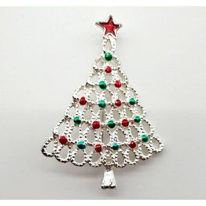 Vintage Christmas Tree Brooch Pin Signed SFJ Silver Red Green Holiday Party